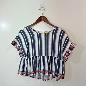 Maeve Women's Linen Blend Embroidered Blouse Size M Boho Artsy Festival Coastal